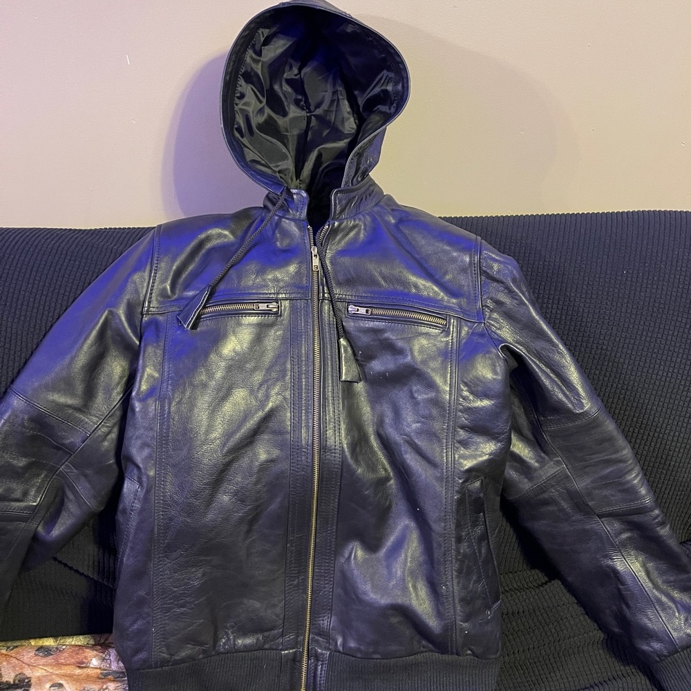 Luxury leather jacket with hood size XL